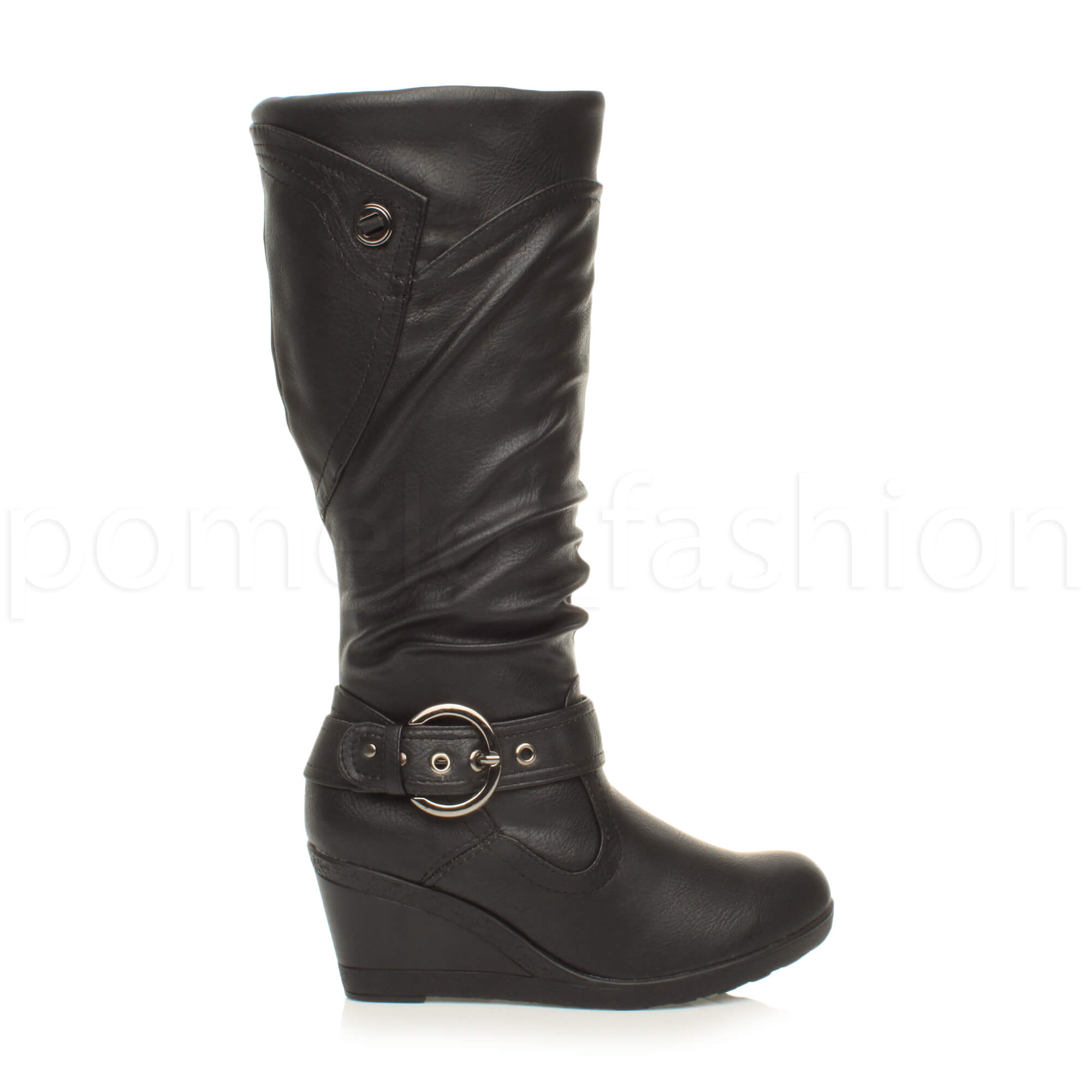 WOMENS LADIES ZIP MID HEEL WEDGE BUCKLE PLATFORM HIGH CALF FUR KNEE BOOTS SIZE