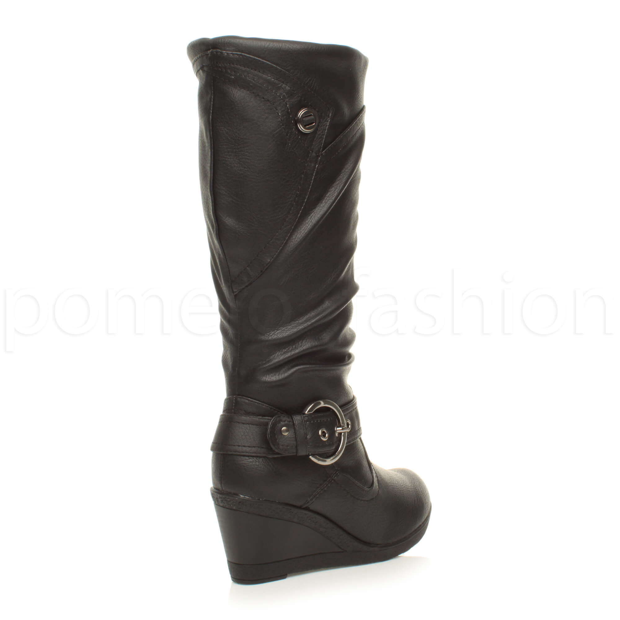 WOMENS LADIES ZIP MID HEEL WEDGE BUCKLE PLATFORM HIGH CALF FUR KNEE BOOTS SIZE
