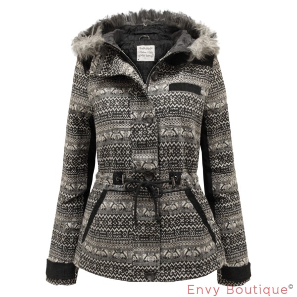 NEW LADIES FAUX FUR HOODED CORDUROY PATCHED AZTEC PRINT WOMENS WINTER