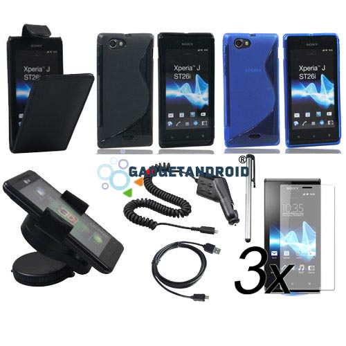 10-Zubehoer-Set-Tasche-Huelle-folie-KFZ-Halterung-fuer-SONY-XPERIA-J-ST26i