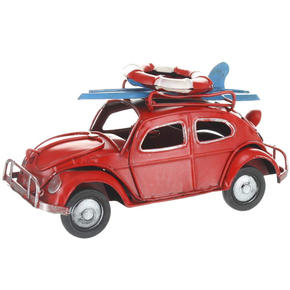 Retro VW Style Beetle With Surfboard And Life Belt On Roof Rack