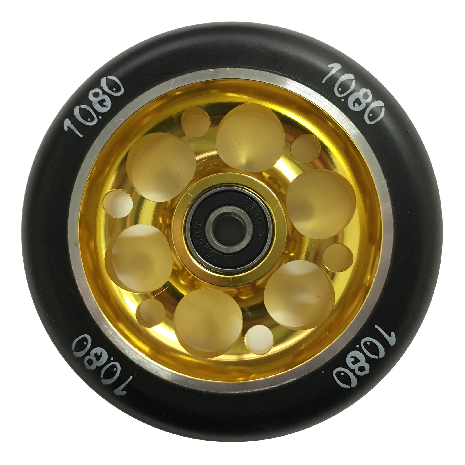 Stunt Scooter Wheel 110mm by 1080 Drilled Alloy Core Black Tire