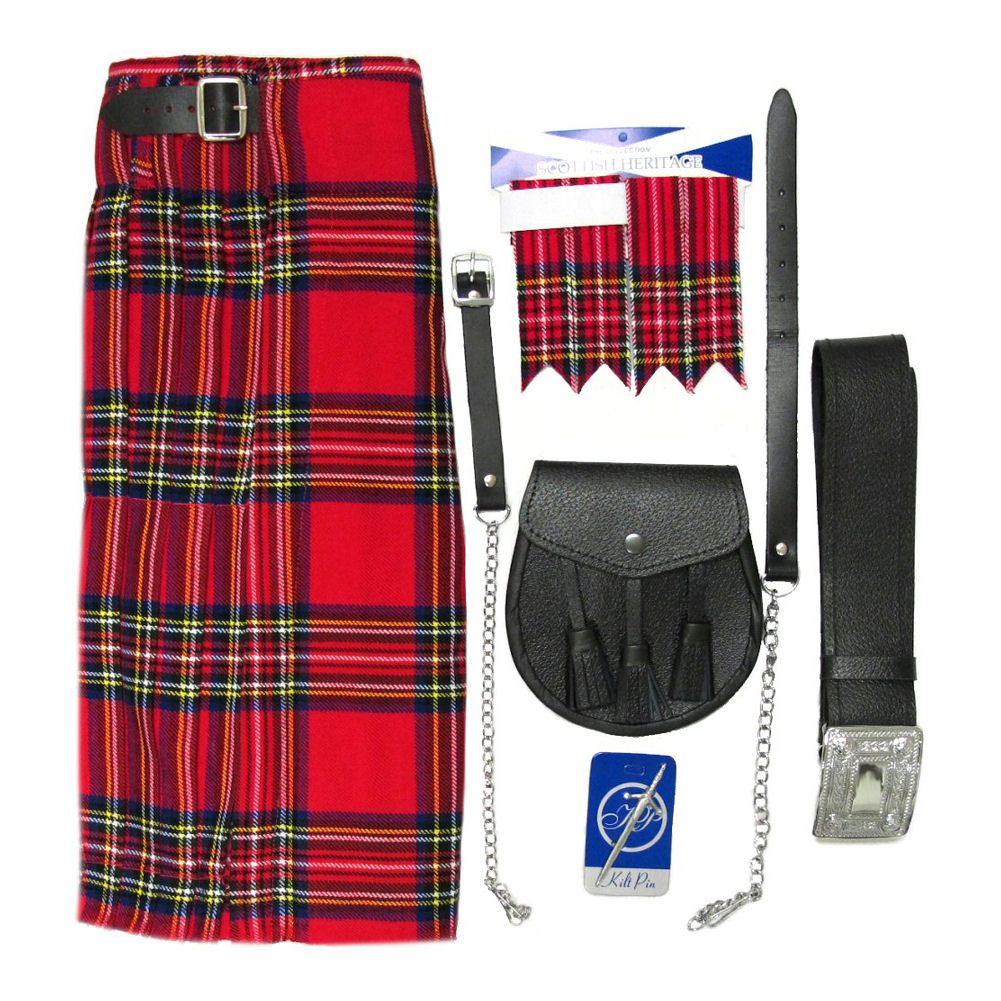 Men's Royal Stewart Tartan 5 pc Kilt Kit Kilt Sporran Pin Belt Flash