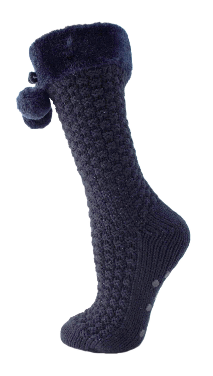 Ladies Warm Check Knitted Patterned Sock Slipper With Fur Cuff And Gripper Soles eBay