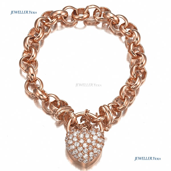18 Carat Rose Gold Layered CZ Studded Heart Locket (LPC-R) Belcher Bracelet Clear Cubic Zirconia 8 Inch allu_B204PC-R-8 A