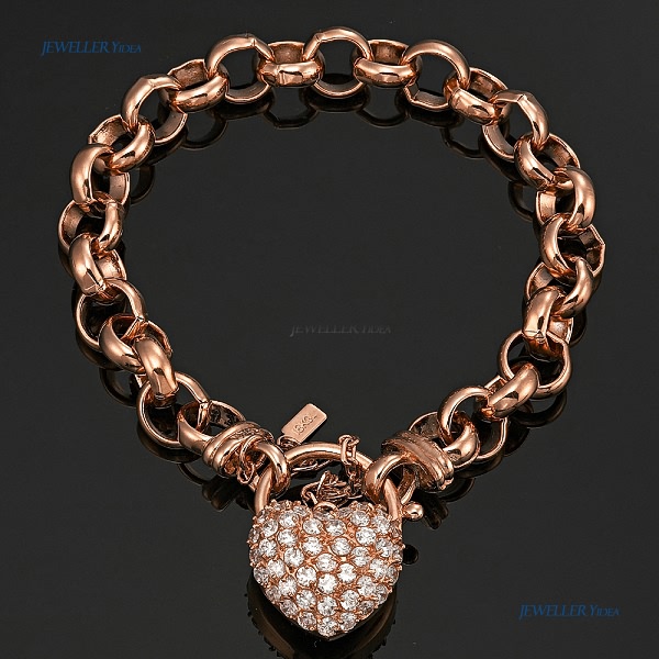 18 Carat Rose Gold Layered CZ Studded Heart Locket (LPC-R) Belcher Bracelet Clear Cubic Zirconia 8 Inch allu_B204PC-R-8 B