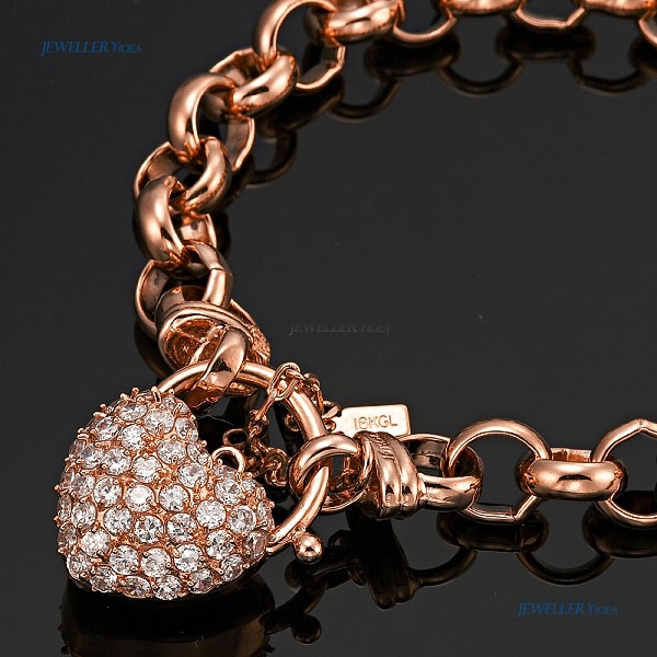 18 Carat Rose Gold Layered CZ Studded Heart Locket (LPC-R) Belcher Bracelet Clear Cubic Zirconia 8 Inch allu_B204PC-R-8 C