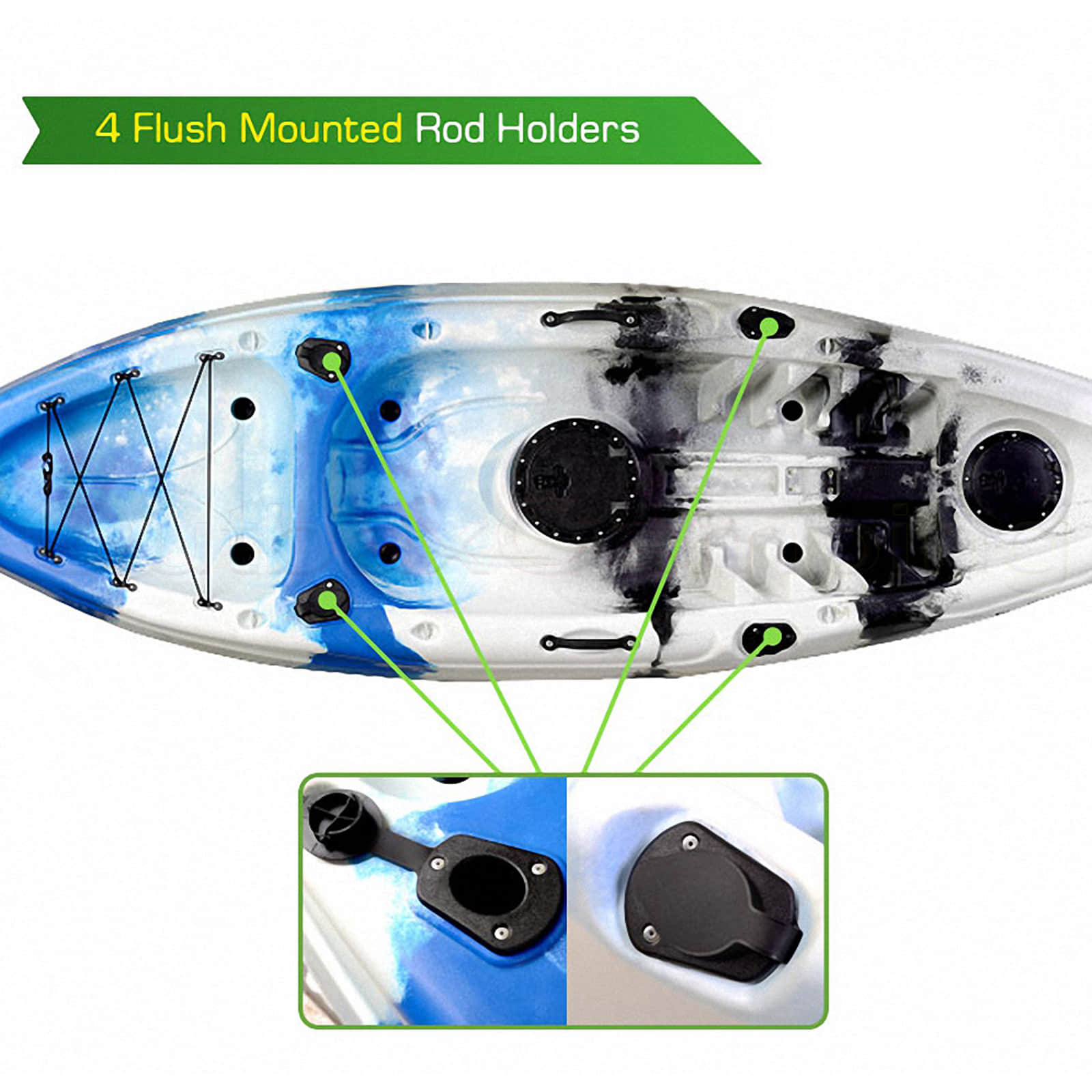 Single Fishing Kayak SIT ON 5 ROD Holders Ocean SEA Canoe Camo Blue