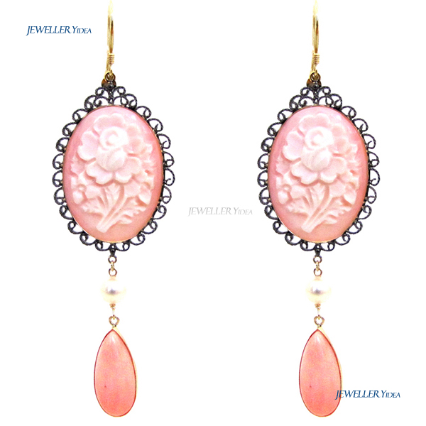 9ct Yellow Gold Dangle Earrings 10.29ct Pink Agate 2.2ct Pearl 26.02carat Pink Agate anti_E1197-CMP-CR-PE A