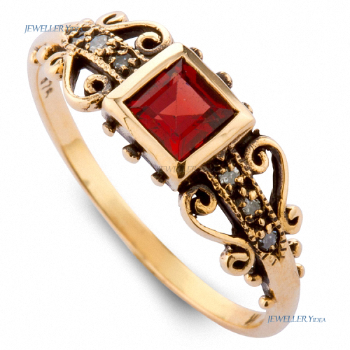 Jewelleryidea 9ct Yellow Gold Antique Style ring 0.35ct 4mm Red Square Natural Garnet 0.06ct 1.3mm HI Round Natural Diamond N 6.75 anti_R0768-G-D3 A