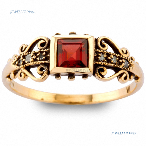 Jewelleryidea 9ct Yellow Gold Antique Style ring 0.35ct 4mm Red Square Natural Garnet 0.06ct 1.3mm HI Round Natural Diamond N 6.75 anti_R0768-G-D3 B