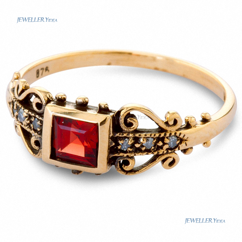 Jewelleryidea 9ct Yellow Gold Antique Style ring 0.35ct 4mm Red Square Natural Garnet 0.06ct 1.3mm HI Round Natural Diamond N 6.75 anti_R0768-G-D3 C