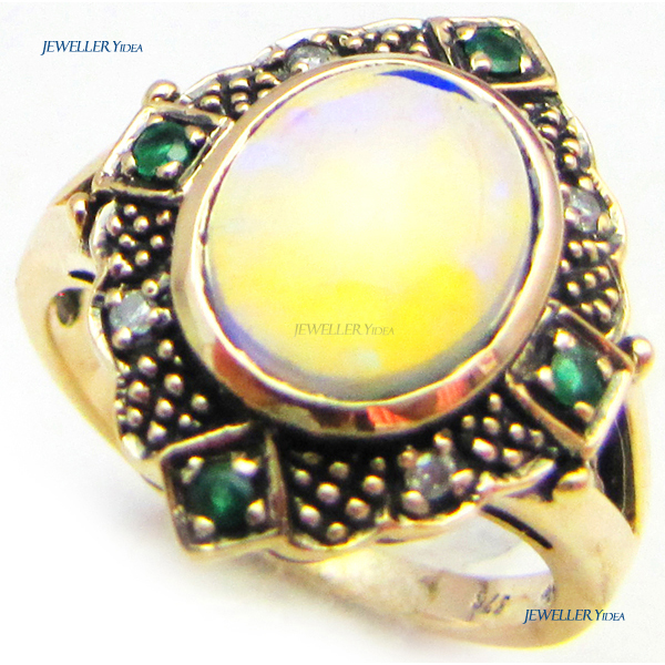 9ct Yellow Gold Dressing Rings 1.8ct Opal 0.12ct Emerald 0.04carat Diamond anti_R1996-O-E-D A 9ct Yellow Gold Dressing Rings 1.8ct Opal 0.12ct Emerald 0.04carat Diamond anti_R1996-O-E-D A