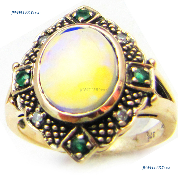9ct Yellow Gold Dressing Rings 1.8ct Opal 0.12ct Emerald 0.04carat Diamond anti_R1996-O-E-D B 9ct Yellow Gold Dressing Rings 1.8ct Opal 0.12ct Emerald 0.04carat Diamond anti_R1996-O-E-D B