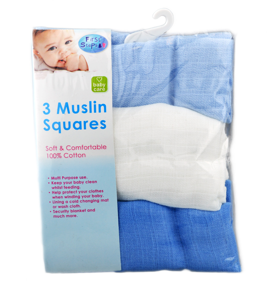 First Steps Pack of 3 Muslin Squares for Baby Soft 100 Cotton 60x60cm