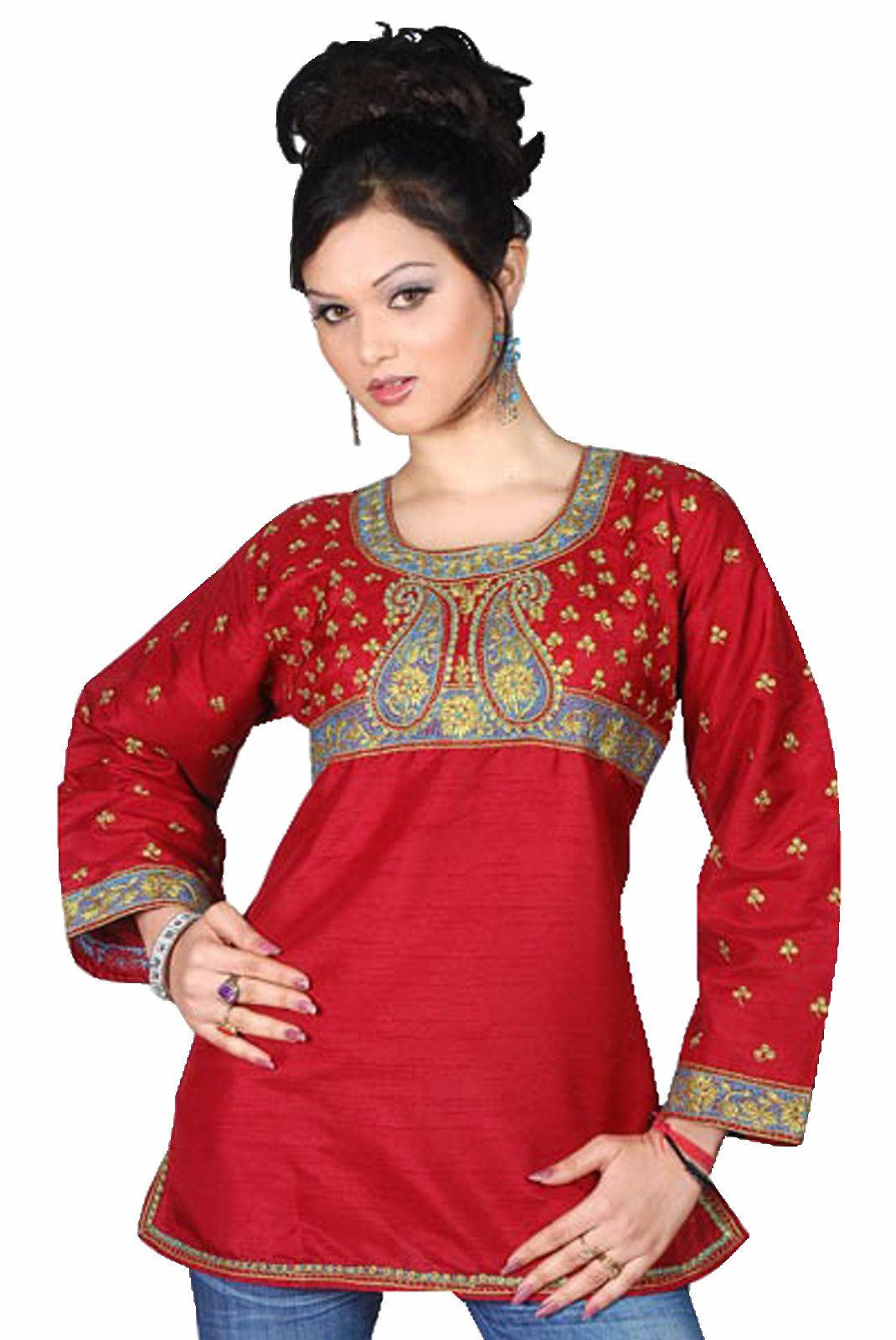 Art Silk Maroon Red long sleeves Kurti/Tunic