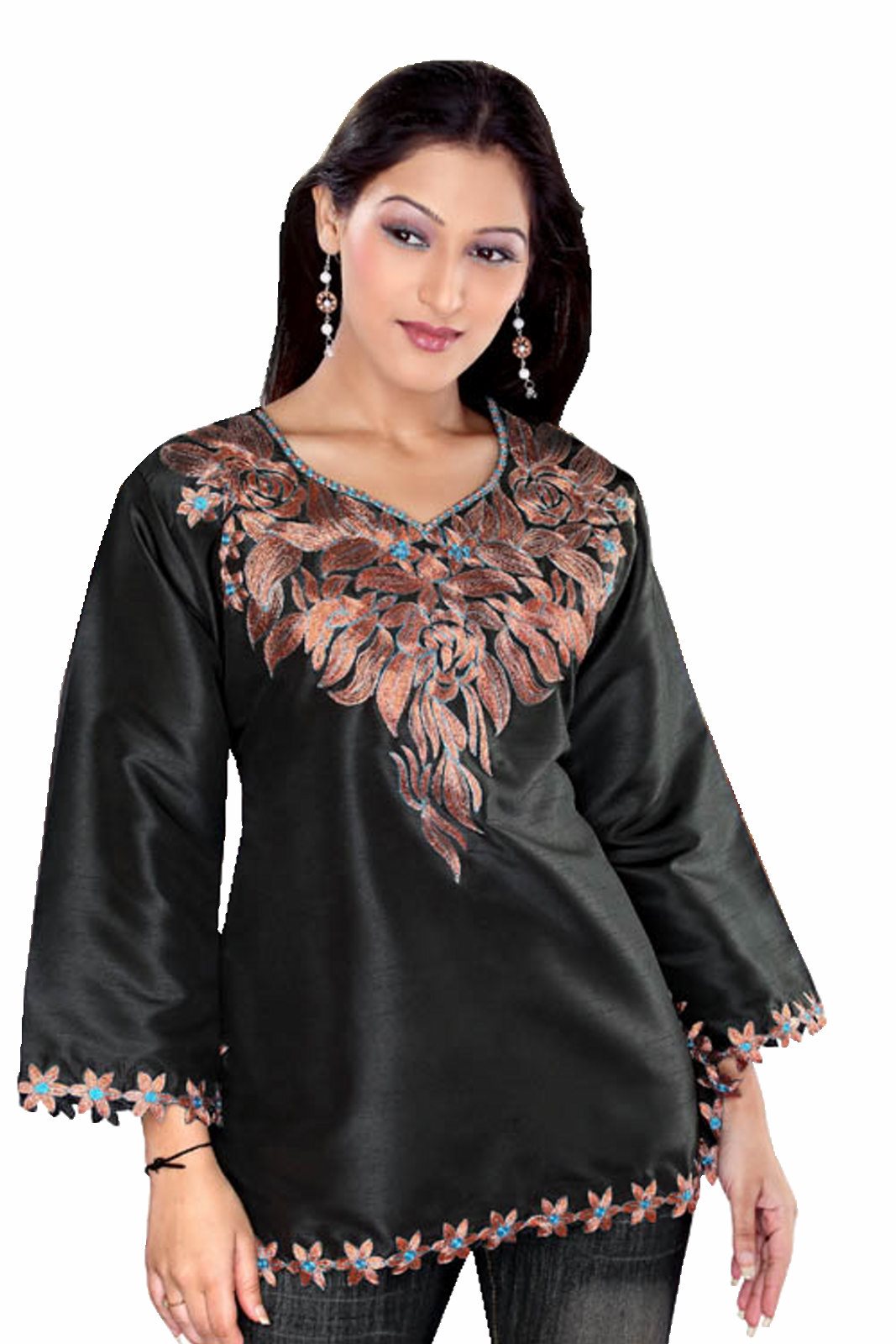 Black long sleeves Art silk Kurti/Tunic with embroidered neckline