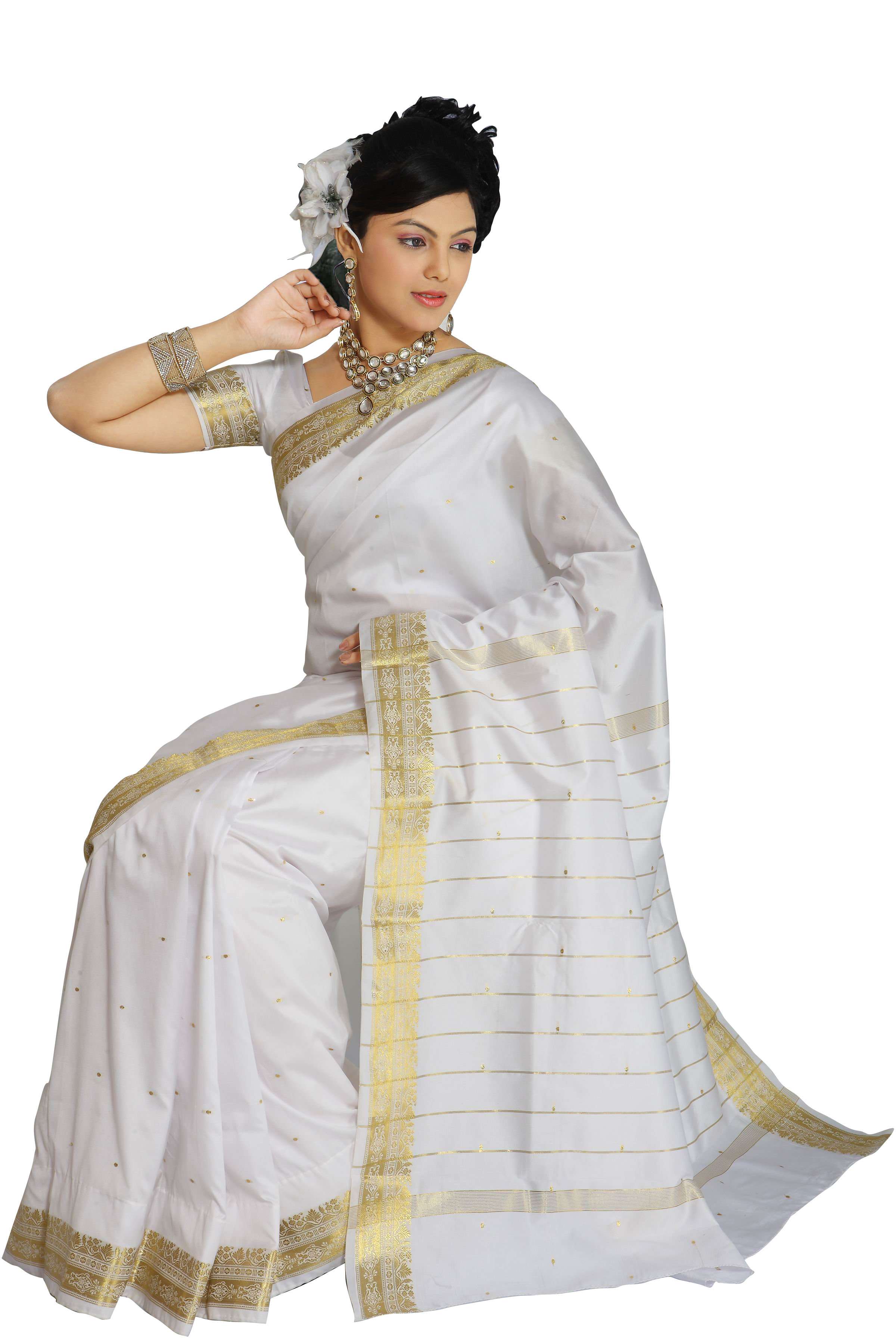 White Art Silk Saree Sari fabric India Golden Border White Art Silk Saree Sari fabric India Golden Border