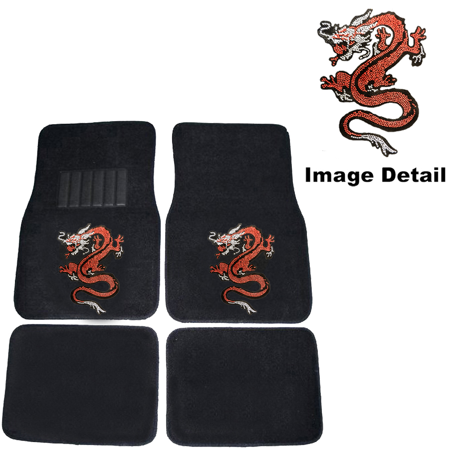Front & Rear 4pc Floor Mats Car Truck Rhinestone Legendary Dragon
