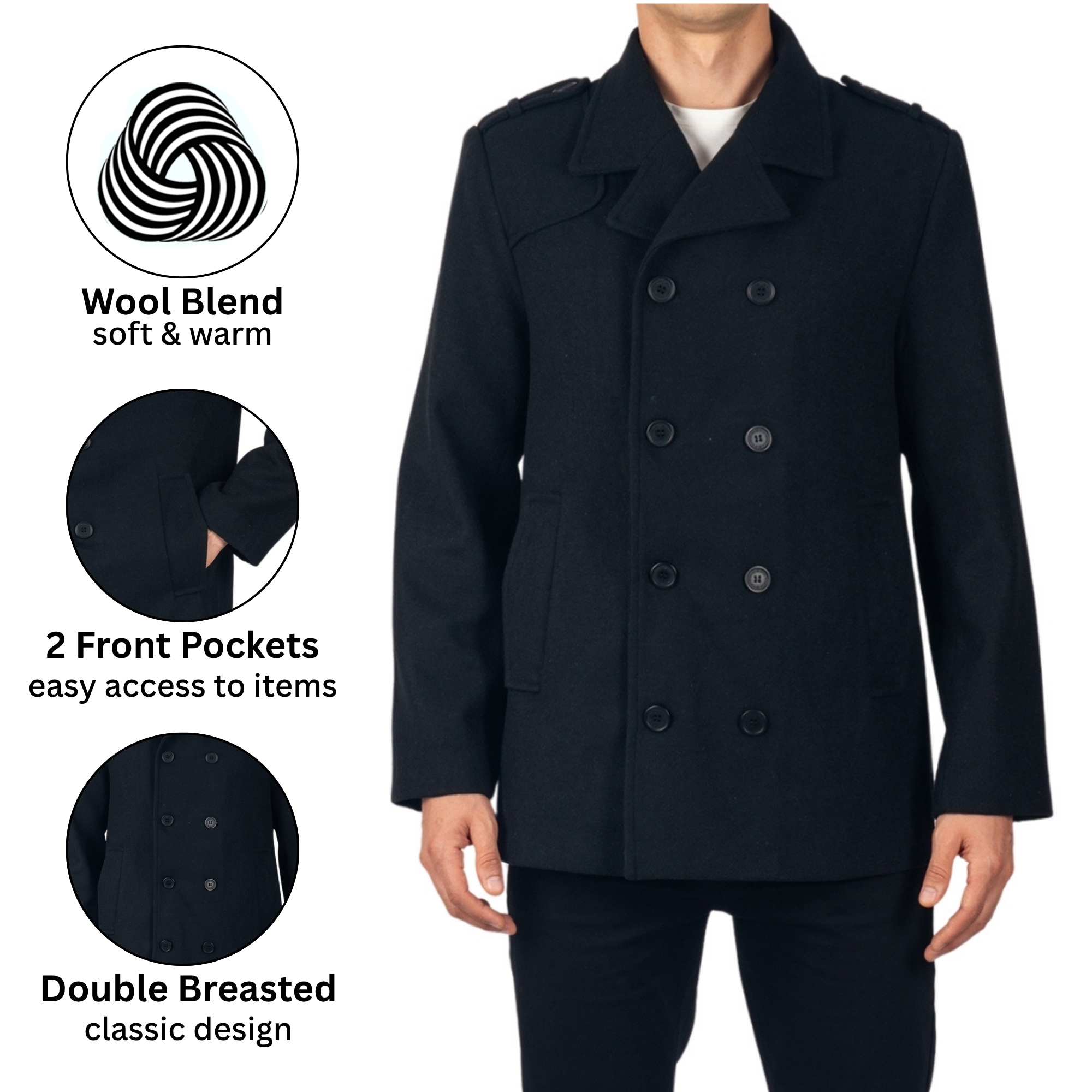 Alpine Swiss Jake Mens Pea Coat Wool Blend Double Breasted Dress Jacket Peacoat