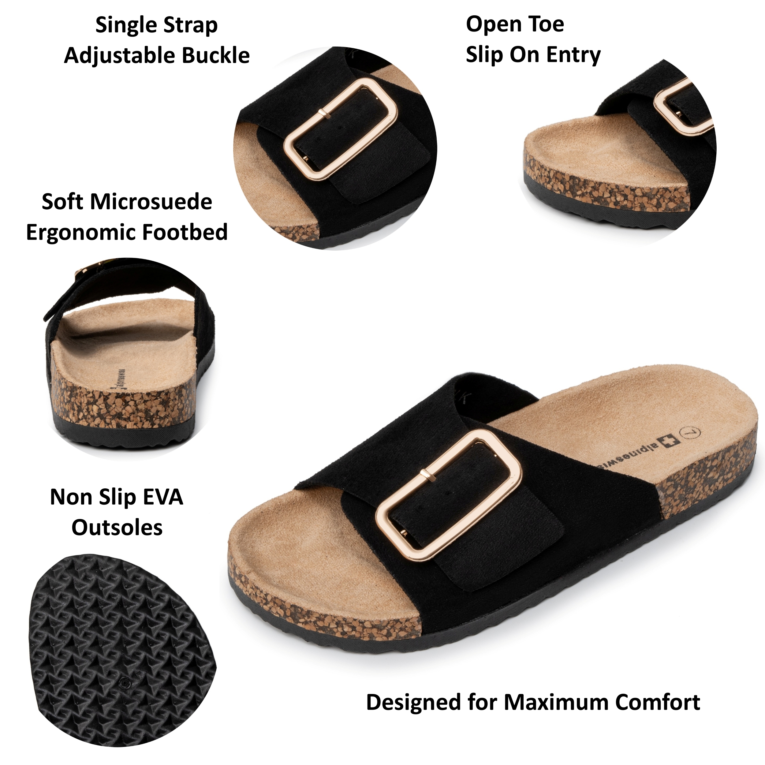 Alpine Swiss Heidi Women&rsquo;s Slide Sandals | Comfortable Cork Footbed | Arch
