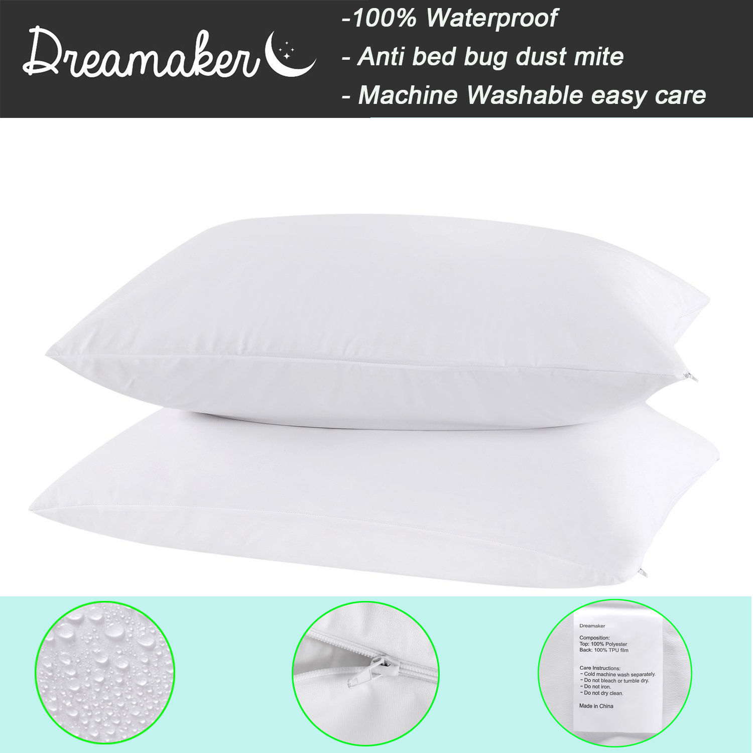 Waterproof Zippered Pillowcase Cover Waterproof zipped Pillow Case Protector