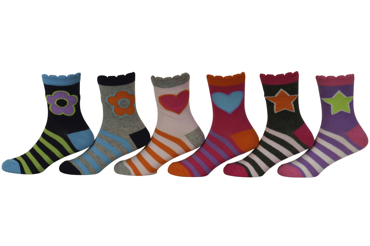Jefferies Socks Toddler/Little/Big Girls 6-Pairs Stars/Daisies/Hearts Crew Socks - Picture 2 of 3