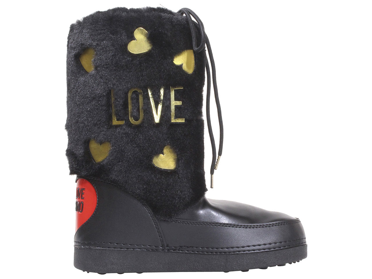 Love Moschino Women's Gold Hearts Snow Boots Faux Fur Black