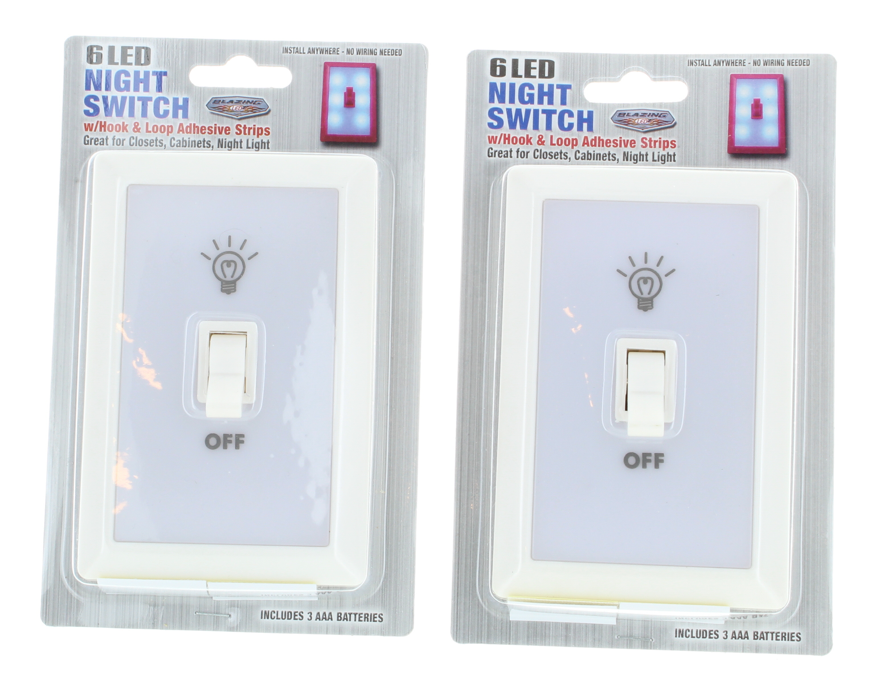 2 Portable Night Light Switches 6 LED Night Switch W/Hook & Loop Closet
