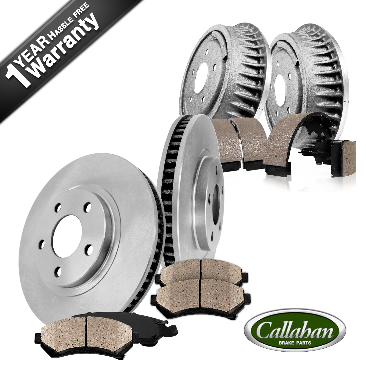 Front OE Brake Rotors + Ceramic Pads & Rear Brake Drums + Shoes Malibu