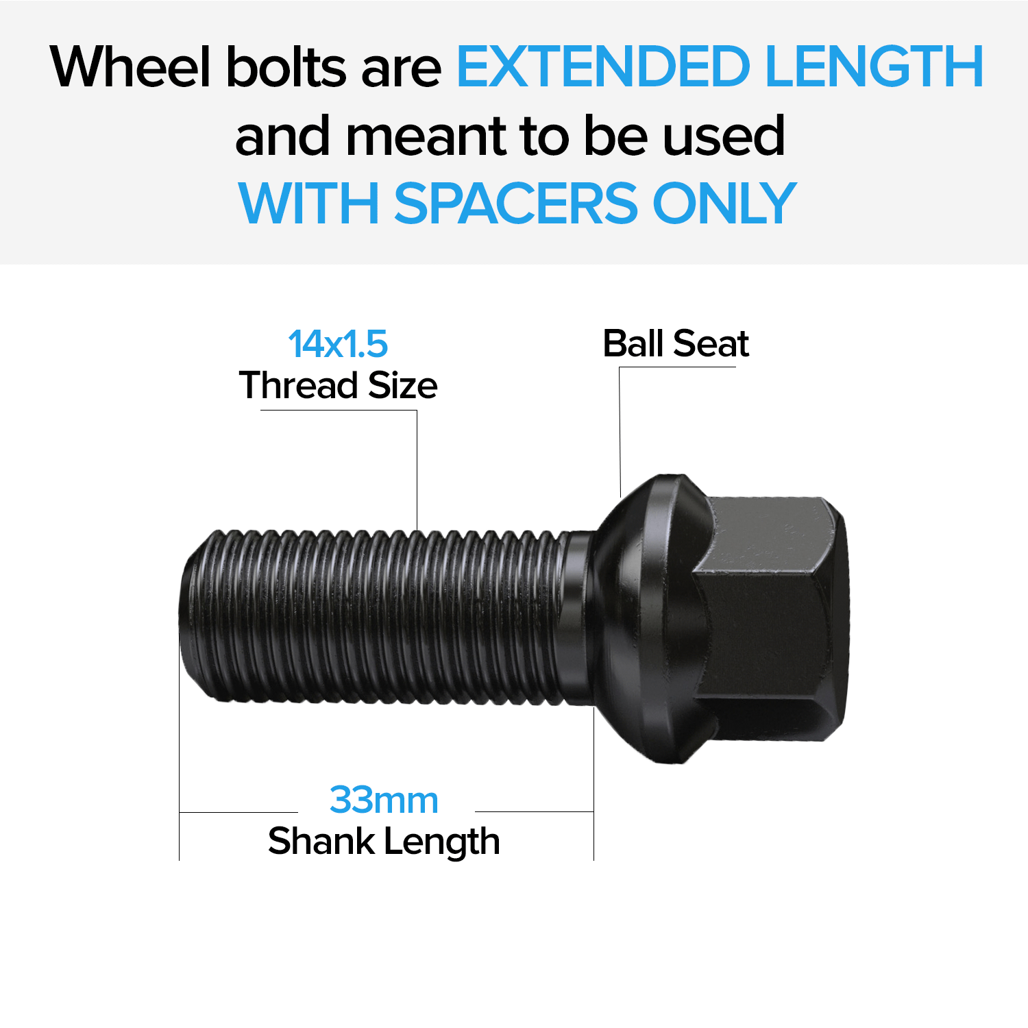 Venum wheel accessories 10 Pc 33 mm Ball Seat Lug Bolts M14x1.5 Extended Shank Length Radius Works with Volkswagen Audi Mercedes Benz Porsche Vehicle W//Factory Wheels