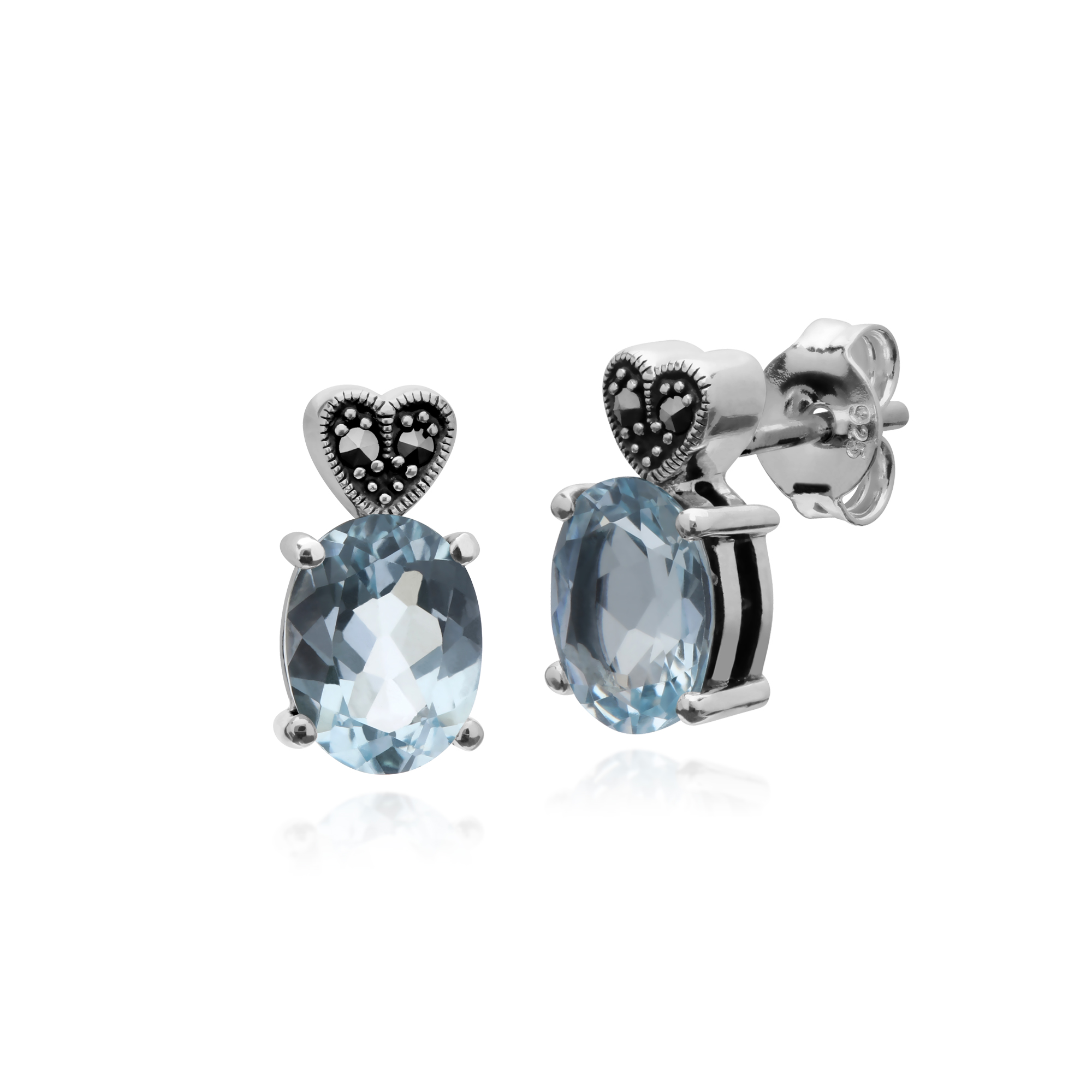 Gemondo Sterling Silver Round Blue Topaz and Marcasite Cluster Stud Earrings