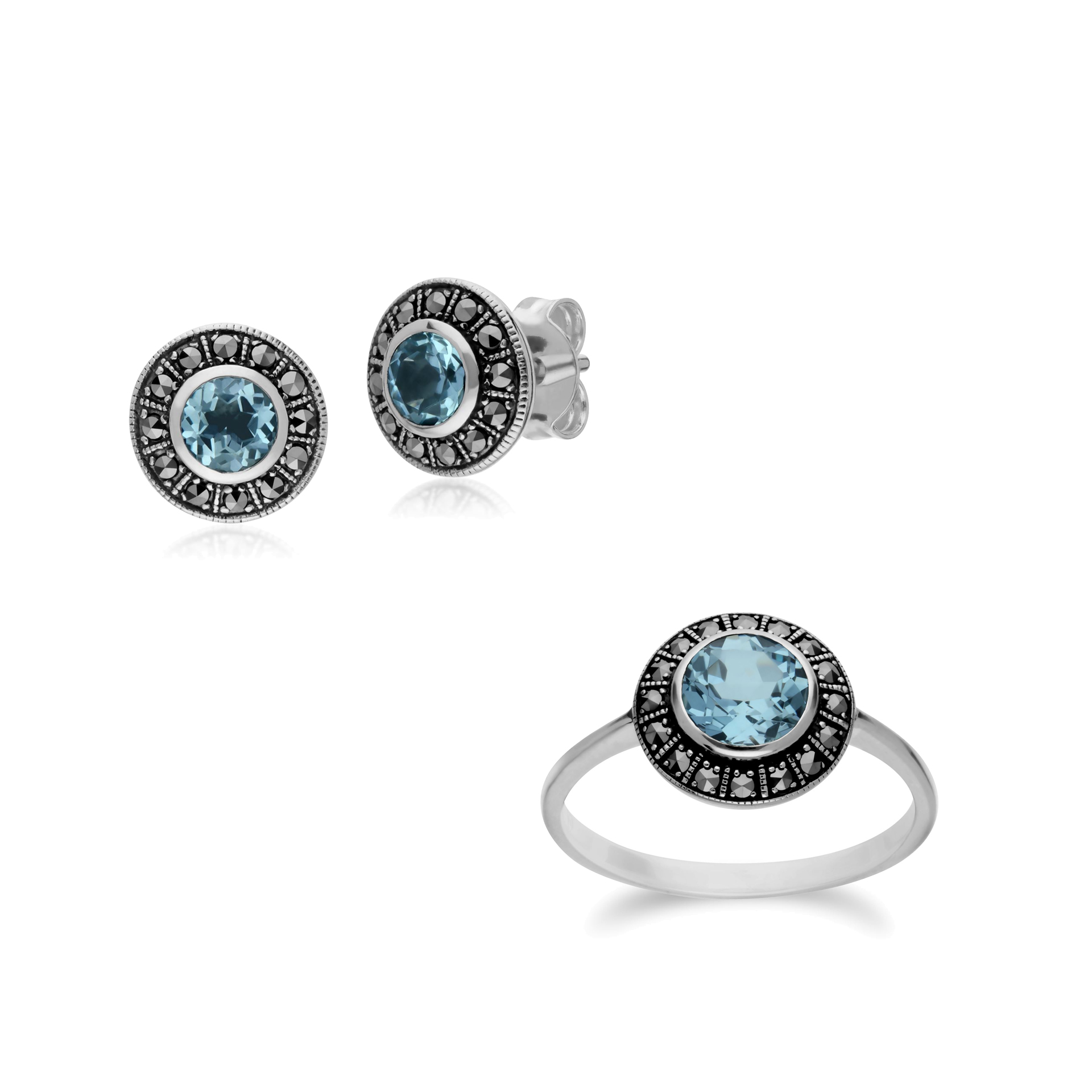 Gemondo Sterling Silver Round Blue Topaz and Marcasite Cluster Stud Earrings