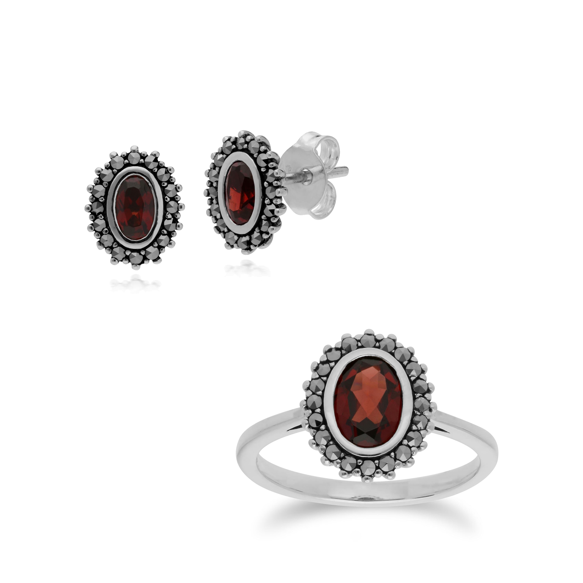 925 Sterling Silver Anillo Art Deco Granate /& Marcasita