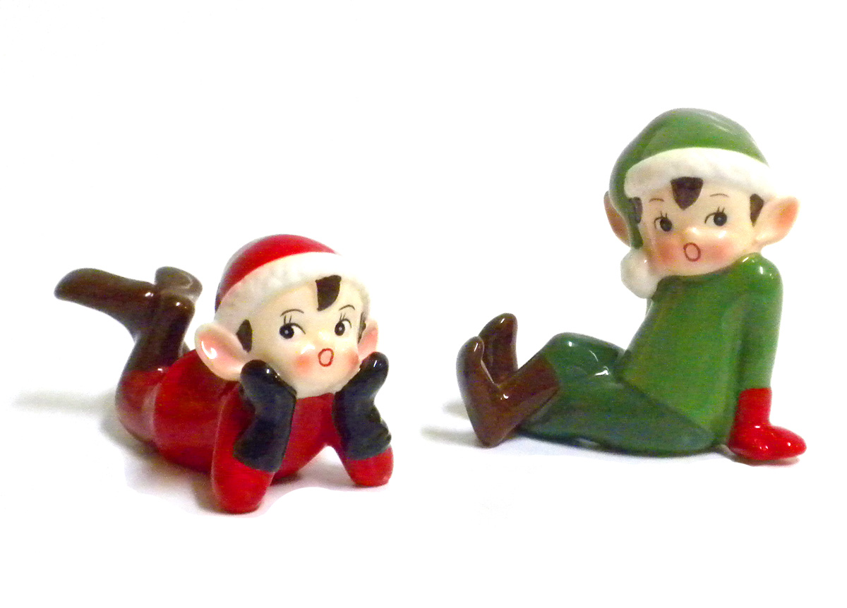 Retro Vintage Style Christmas Elf Elves FigurinesRed & GreenSet Of