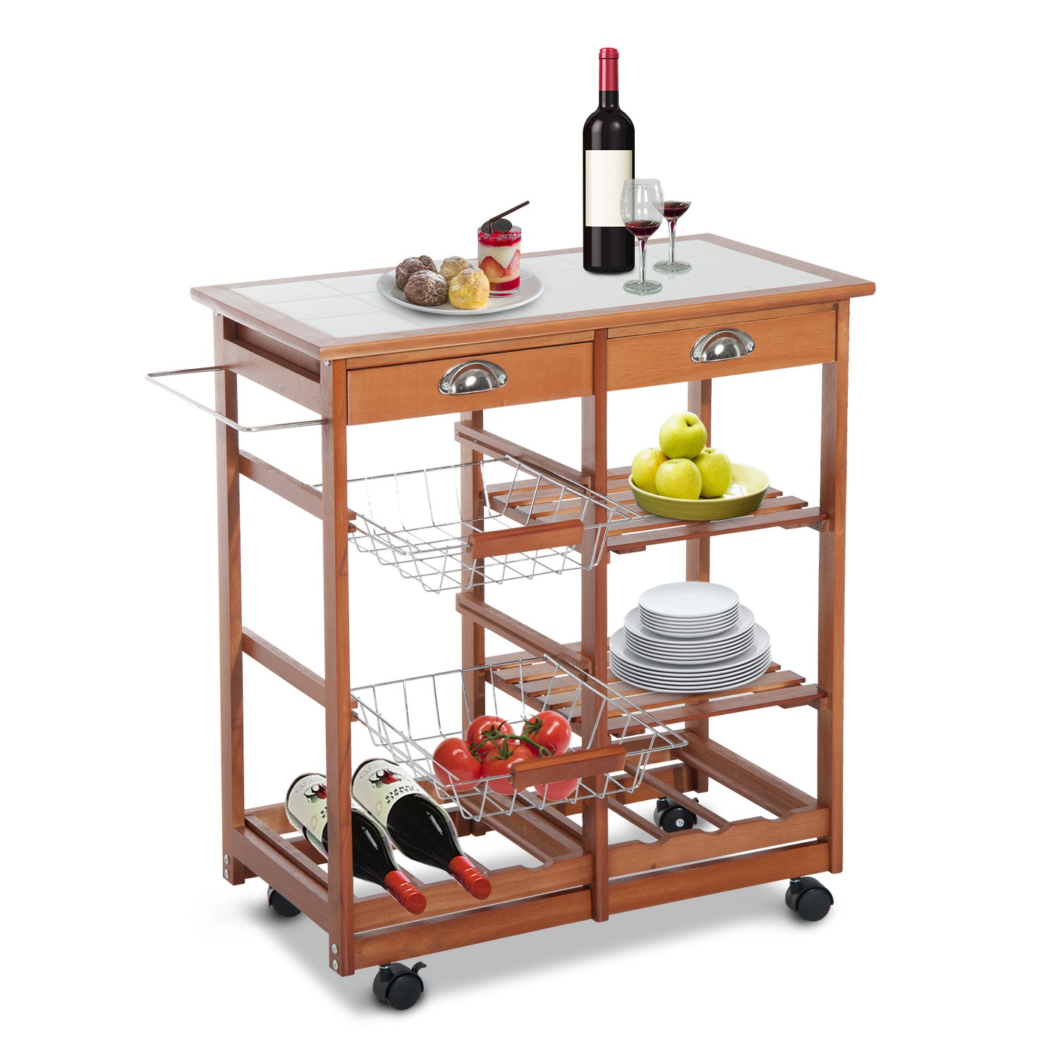 Rolling Kitchen Trolley Cart Wood Island Storage Shelf W Drawers