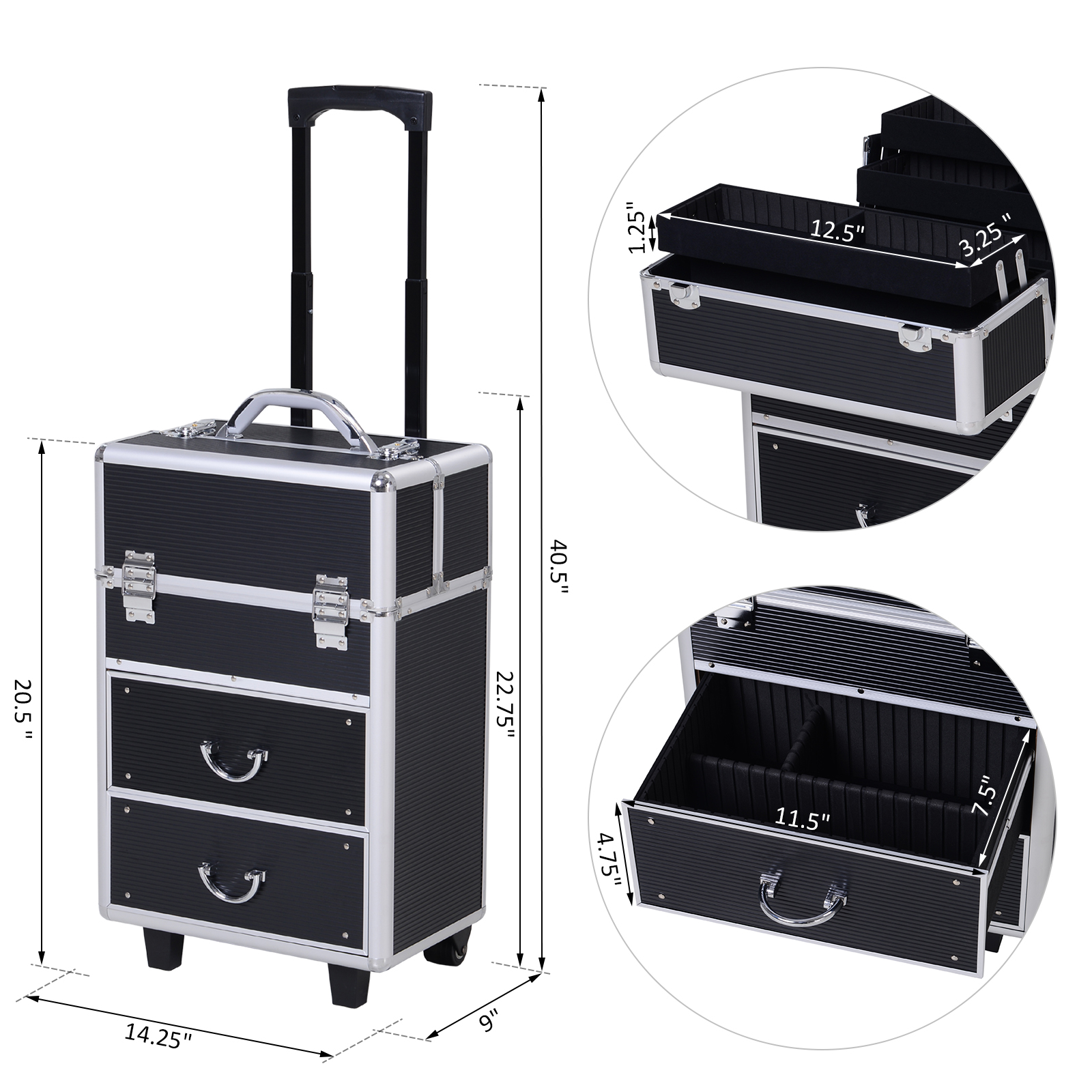 Pro Rolling Aluminum Makeup Case Cosmetic Train Box Trolley Storage