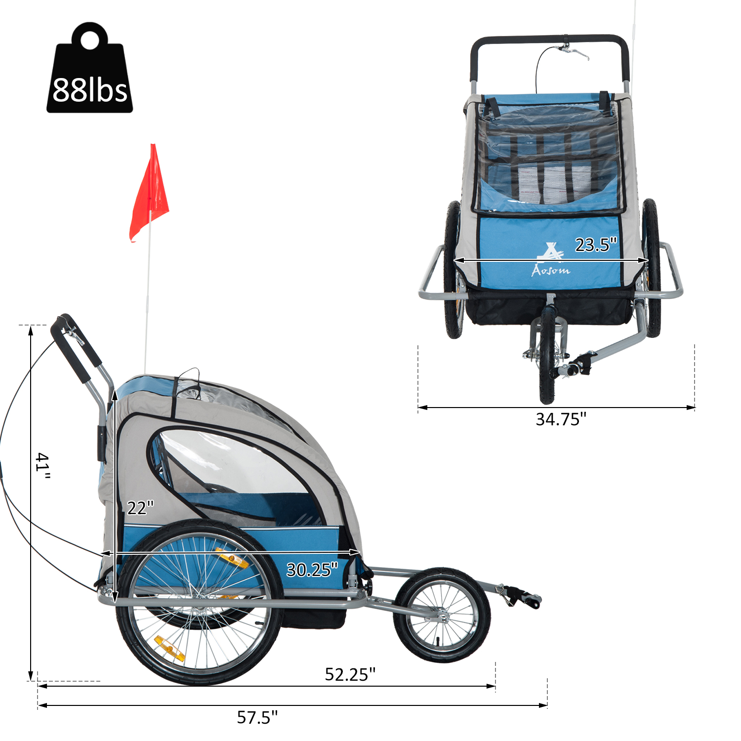 Elite Aosom Double Baby Bike Trailer Stroller Child Bicycle Kids Jogger
