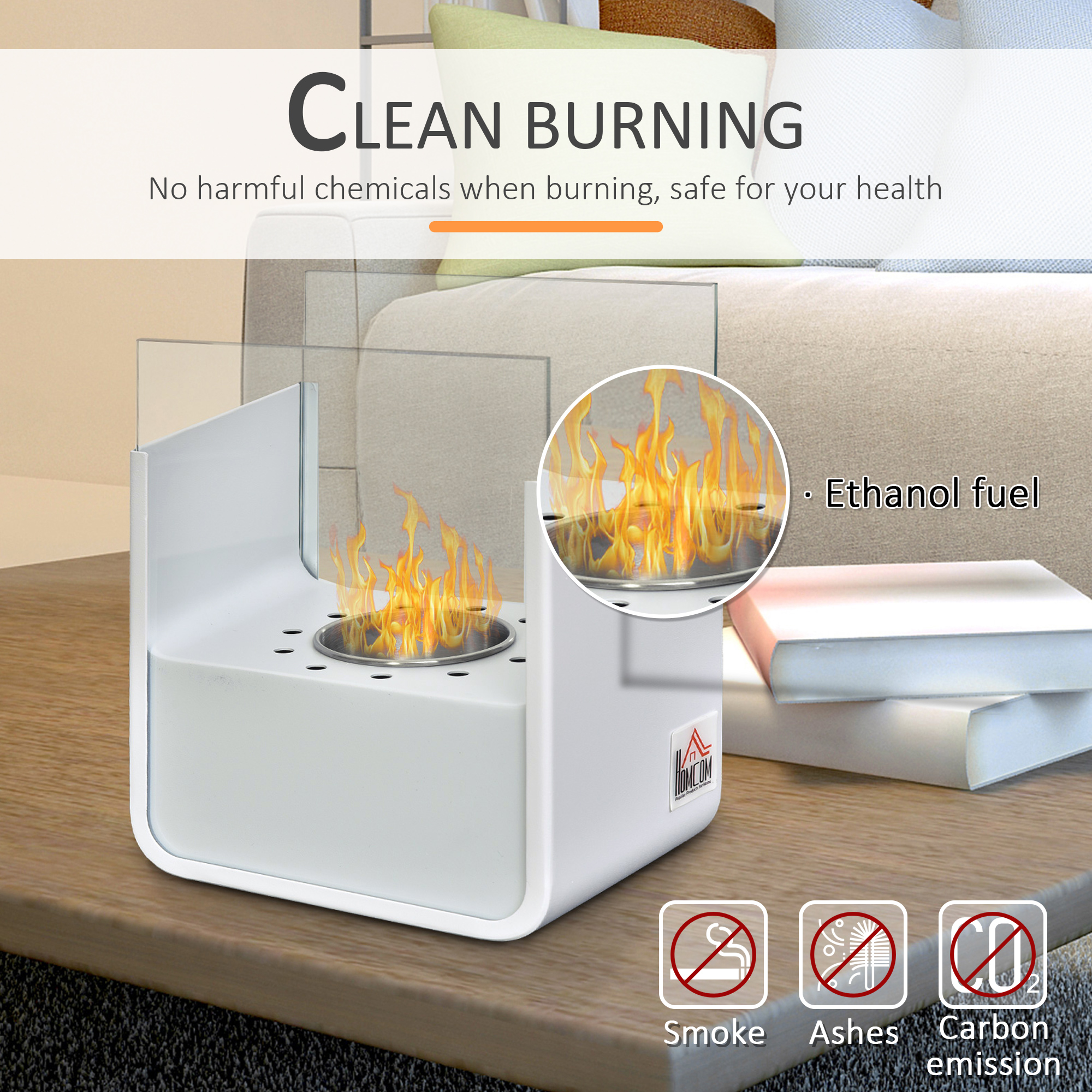 Freestanding Tabletop Ventless Ethanol Fireplace Indoor Glass Stainless