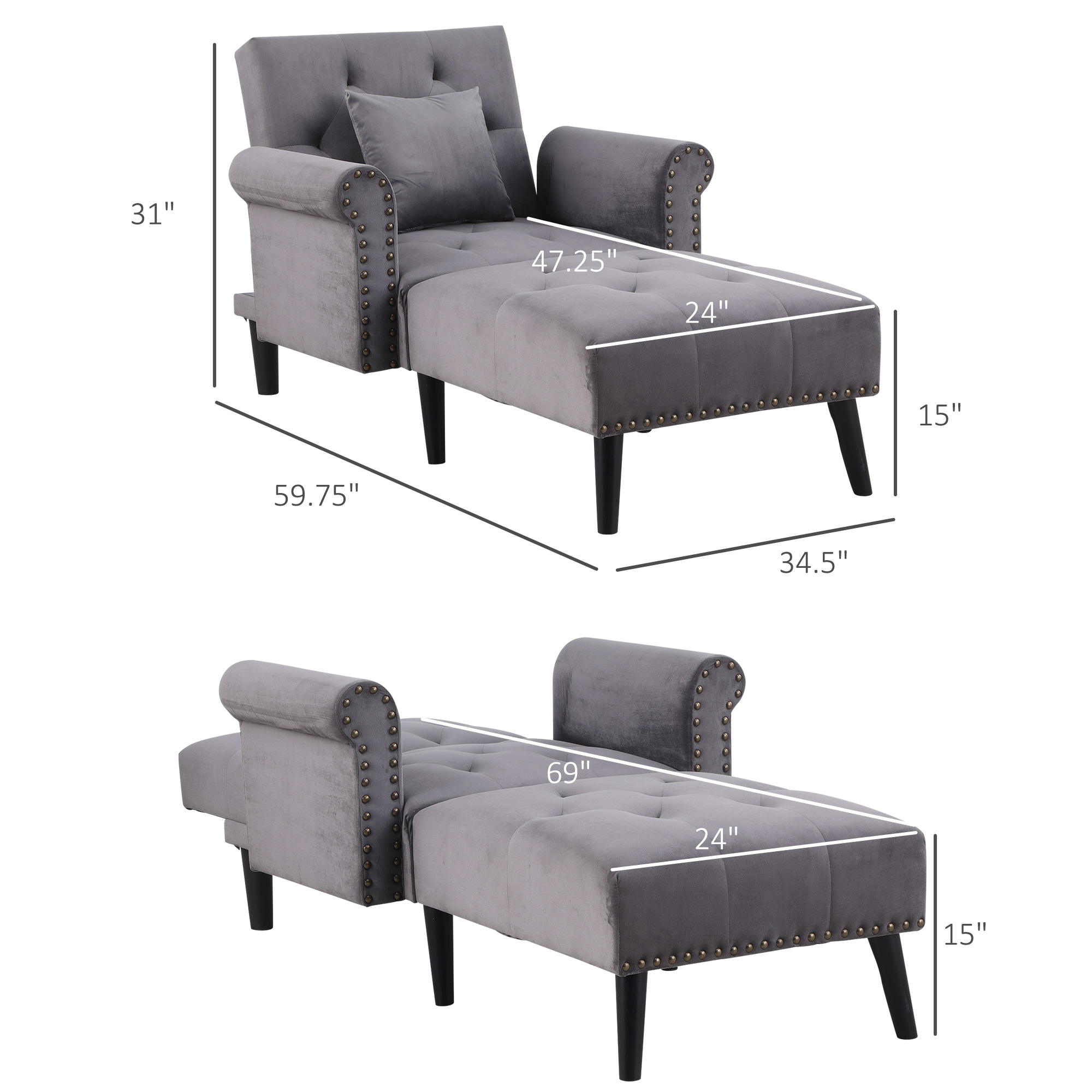 Elegant Plush Chaise Lounge Convertible Chair with Heavy Padded Seat