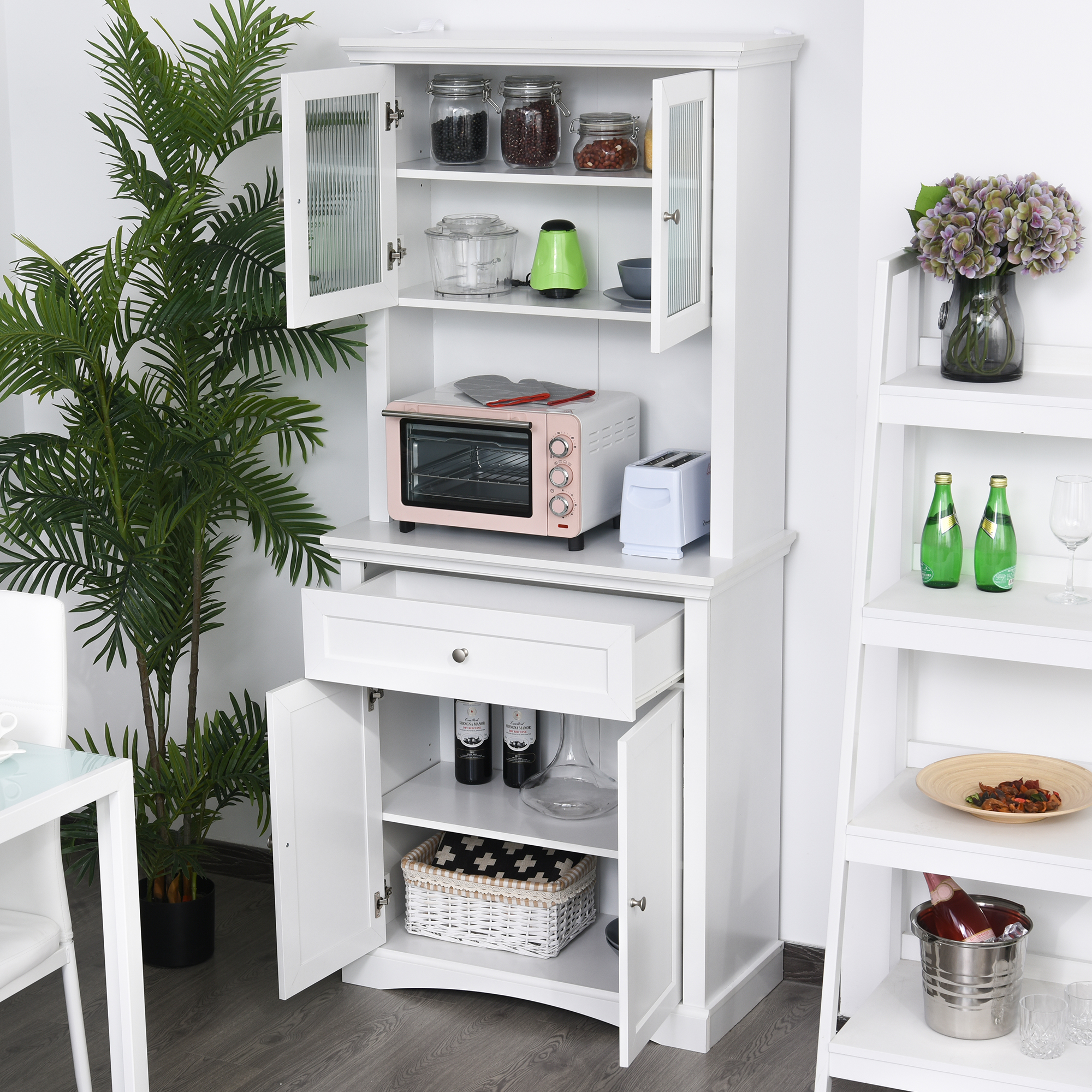 HOMCOM Tall Kitchen Storage Cabinet Wooden Cupboard W Adjustable