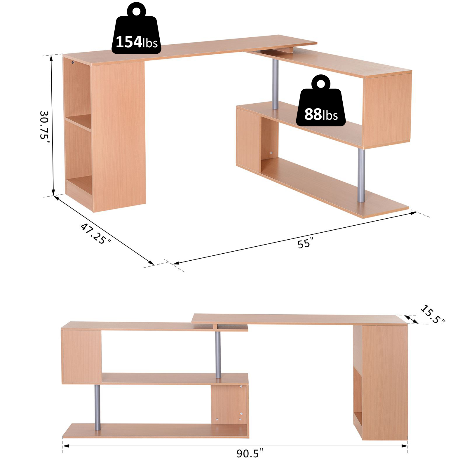 360° Rotating Corner Desk and Storage Shelf Combo LShaped Table Home