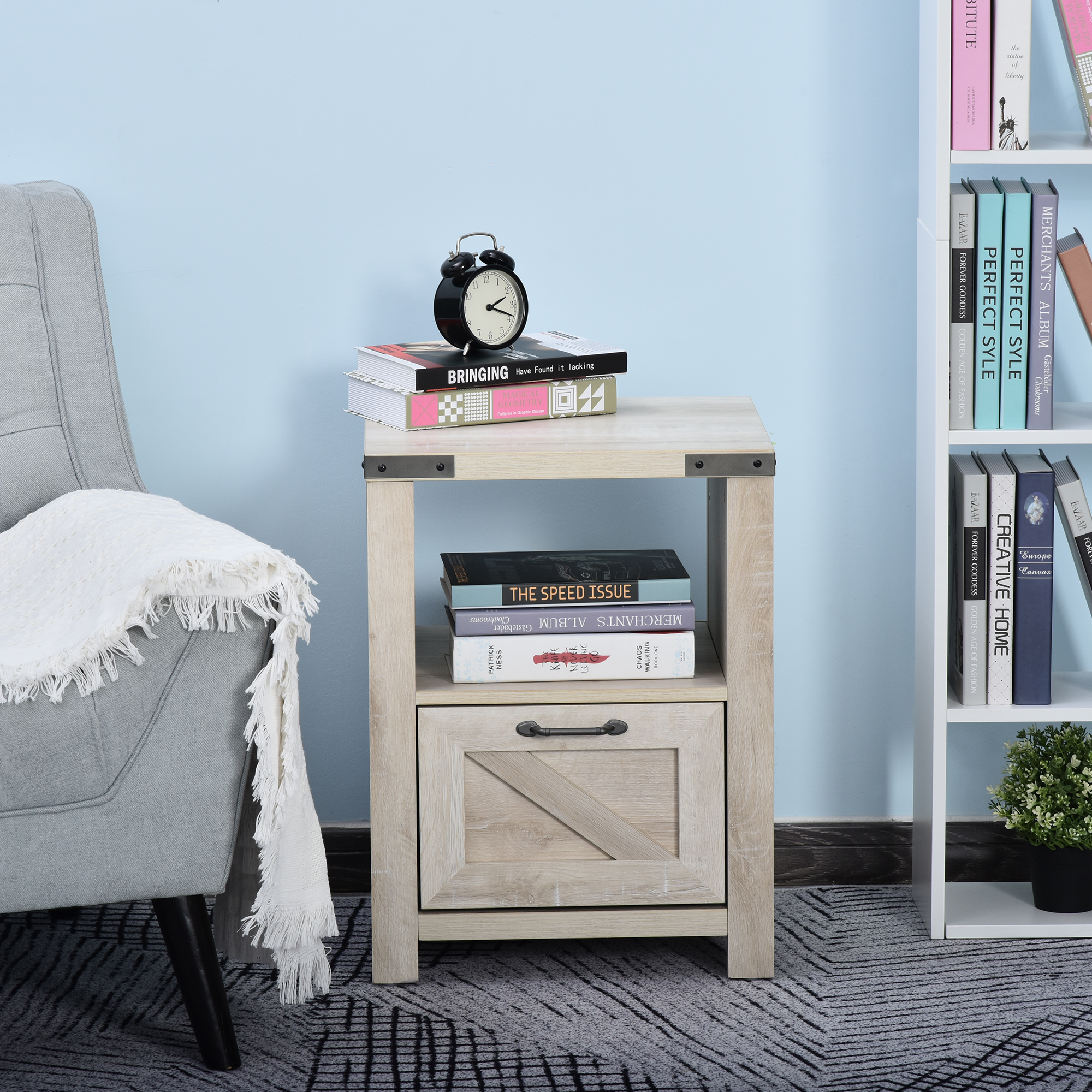 Industrial Side Table 1 Drawer 1 Shelf Tabletop Barn Door Living Room