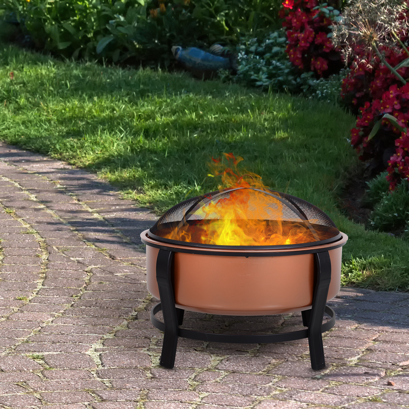 Outsunny Copper Colored Round Basin Wood Fire Pit Bowl With