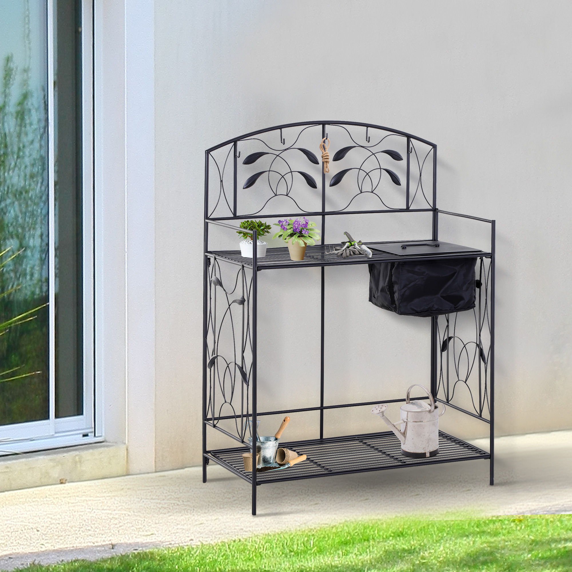 Outsunny Garden Metal Potting Table Planting Bench Outdoor w/ Bag, Hook
