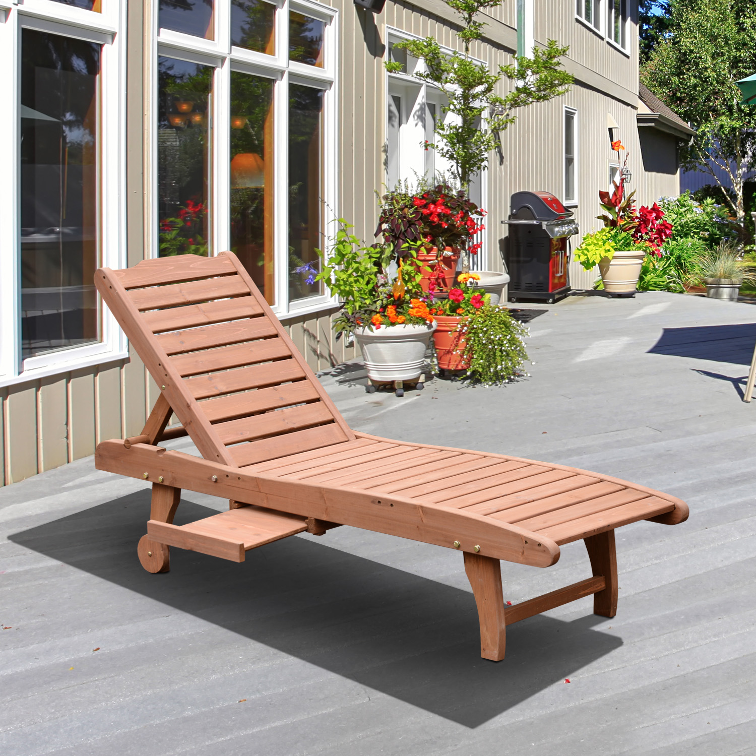 Outsunny Wooden Chaise Lounge Outdoor Patio Furniture Adjustable w