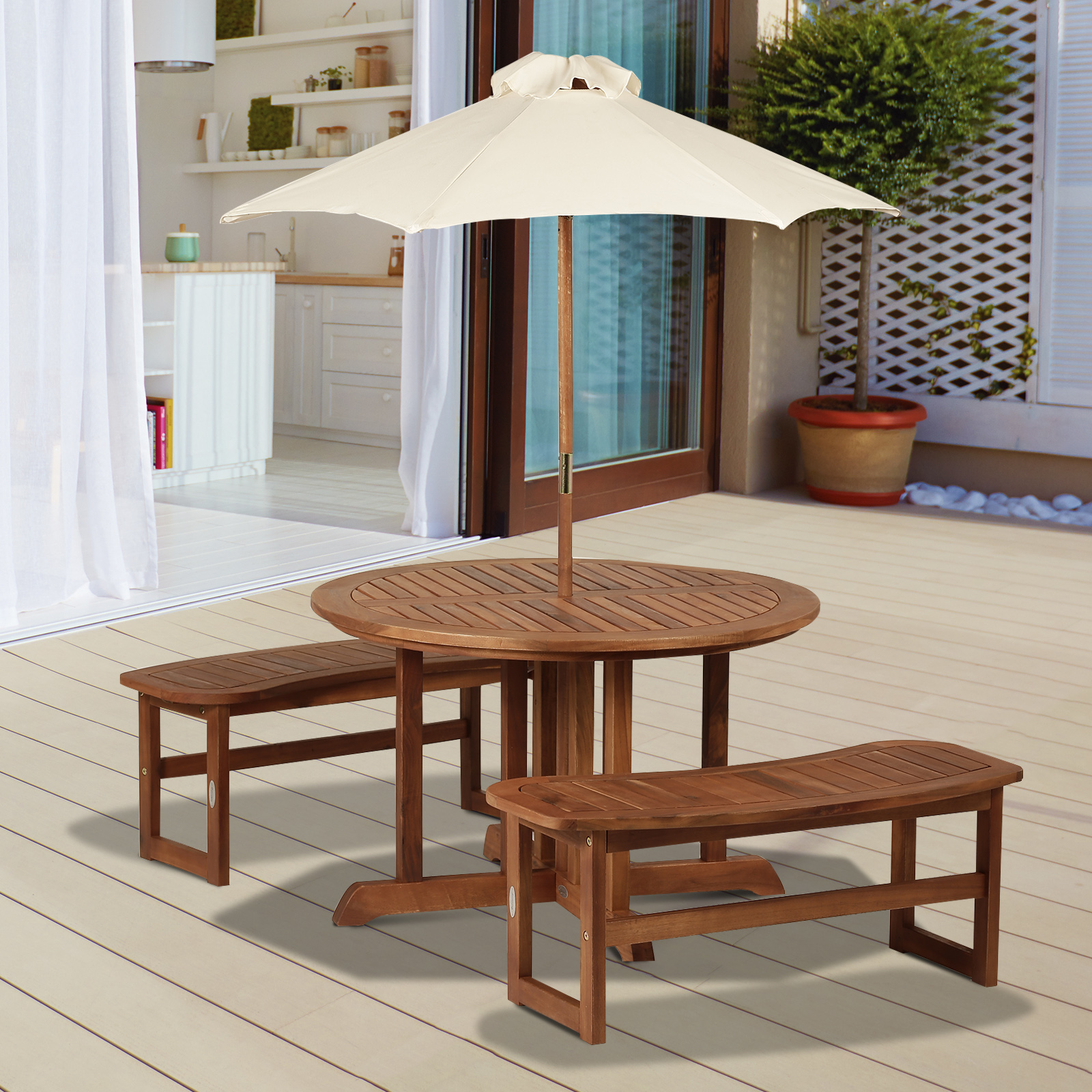 4-Piece Acacia Wood Outdoor Seating Kids Garden Patio Set with Umbrella