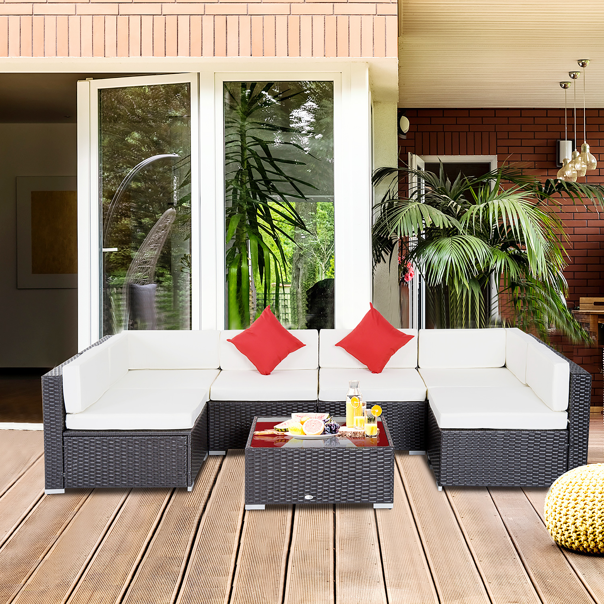 Outsunny 7PC Outdoor Patio Furniture Rattan Wicker Sofa Set Cushioned