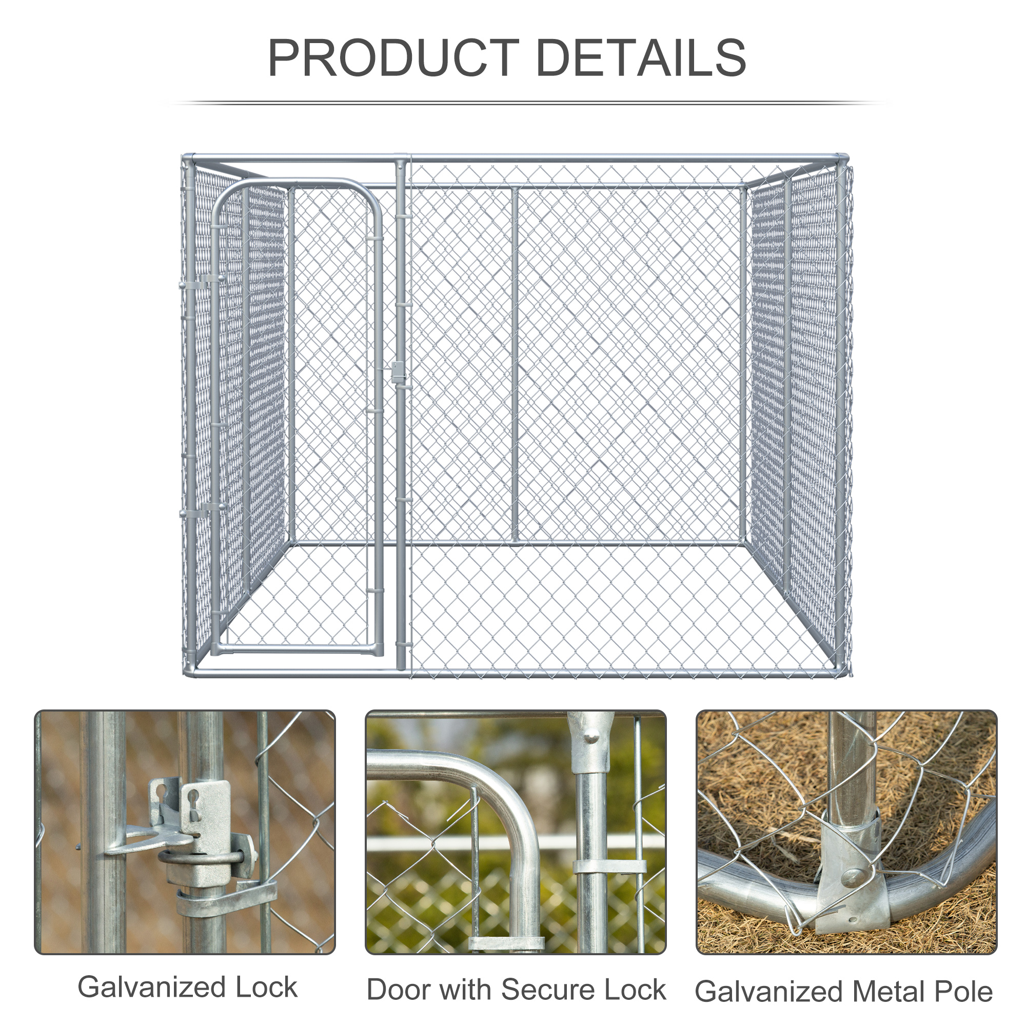 Outdoor Dog Kennel Galvanized Chain Link Fence Pet House w/ Secure Lock