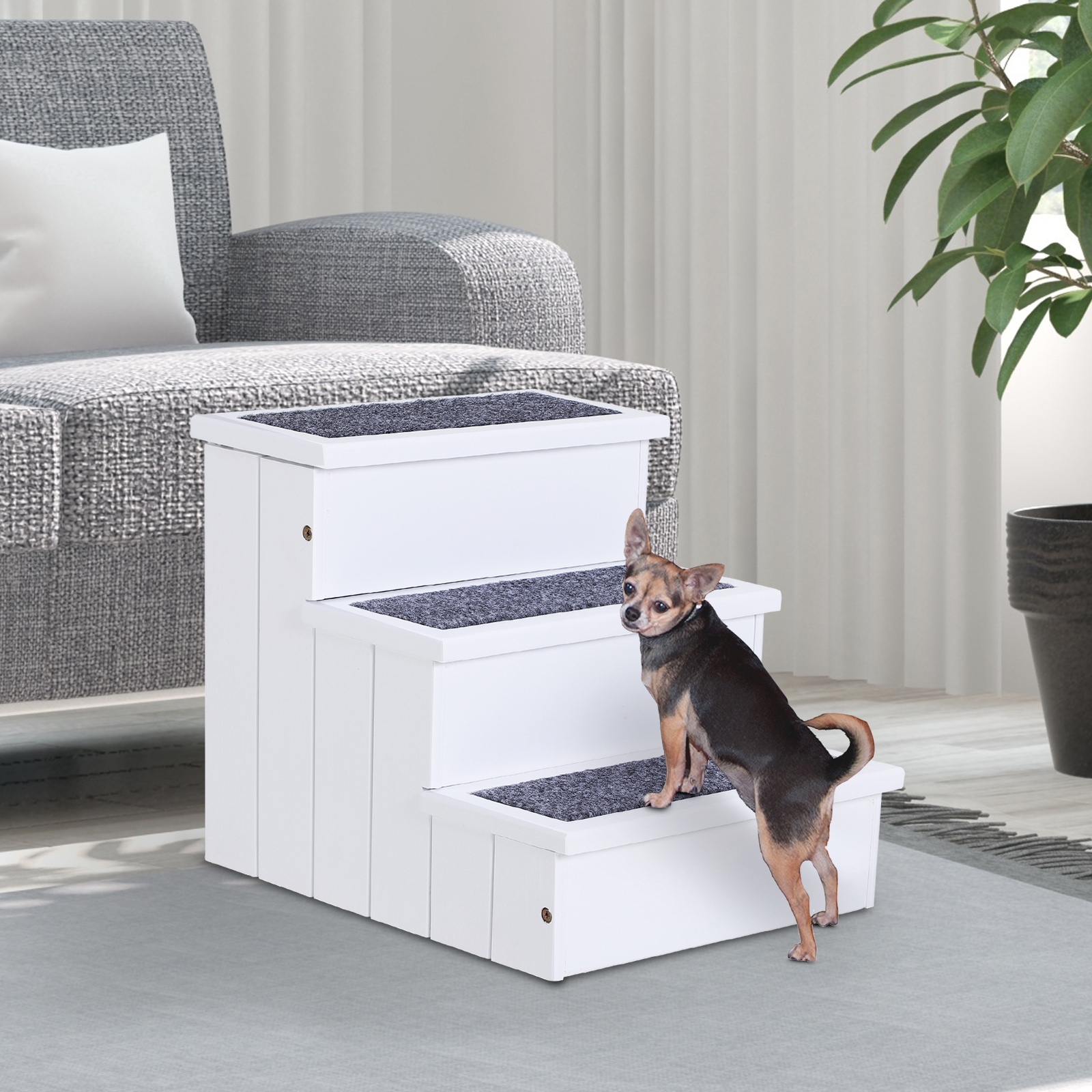 PawHut 3 Step Wooden Carpeted Pet Stairs Ramp for Cats and Small Dogs